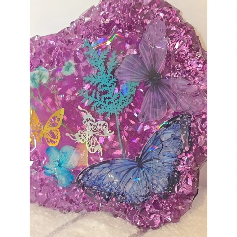 Handmade Resin Crystal Edge Trinket‎ Holder Purple With Butterflies  778